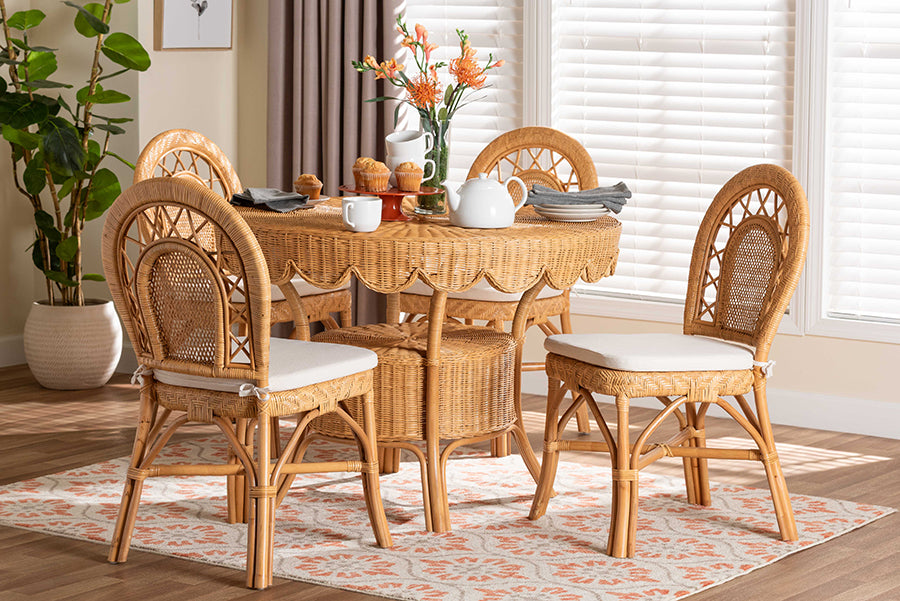 bali & pari Travis 5-Piece Natural Rattan Dining Set - Handwoven Wicker Set with Round Scalloped Edge Table and 4 Curved Back Chairs, Coastal Boho Dining Room Furniture with Cushioned Seating