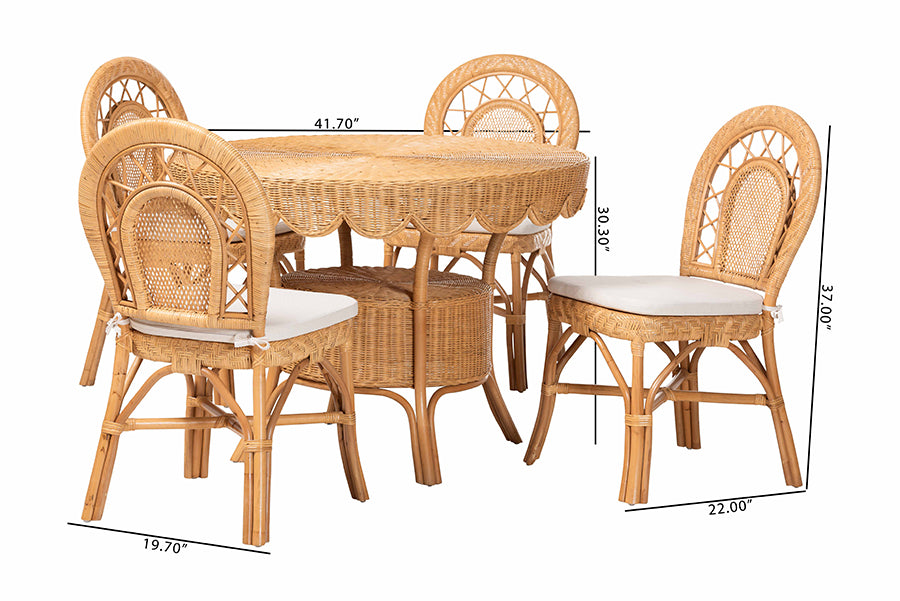 bali & pari Travis 5-Piece Natural Rattan Dining Set - Handwoven Wicker Set with Round Scalloped Edge Table and 4 Curved Back Chairs, Coastal Boho Dining Room Furniture with Cushioned Seating