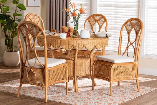 bali & pari Tony 5-Piece Natural Rattan Dining Set with Round Scalloped Edge Table and 4 Chairs, Handwoven Wicker Dining Furniture with Cushioned Seats, Boho Coastal Kitchen or Dining Room Set