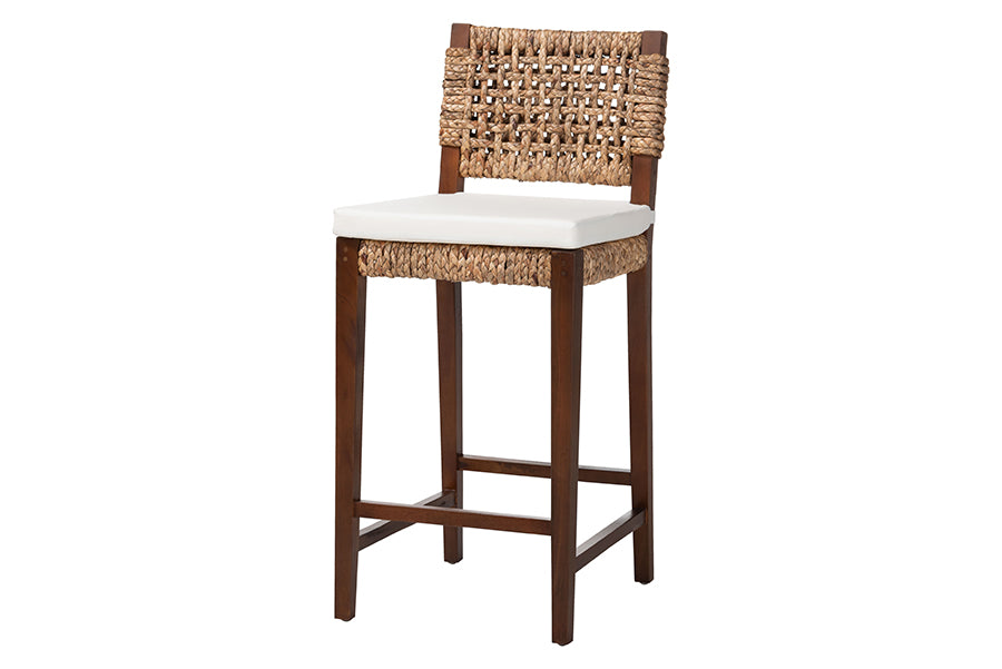 bali & pari Alise Handwoven Seagrass Bar Stool with Mahogany Wood Frame Cushion - Bar-Height Chair with Woven Back