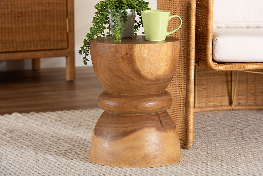 bali & pari Bancroft Solid Suar Wood Side Table - Handcrafted Sculptural End Table with Hourglass Design, Modern Boho Style for Living Room or Bedroom