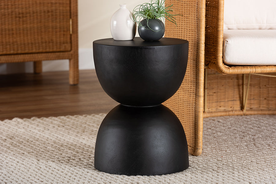 bali & pari Nomiki Solid Suar Wood Side Table - Hand-Carved Sculptural End Table with Hourglass Design, Modern Boho Style for Living Room or Bedroom
