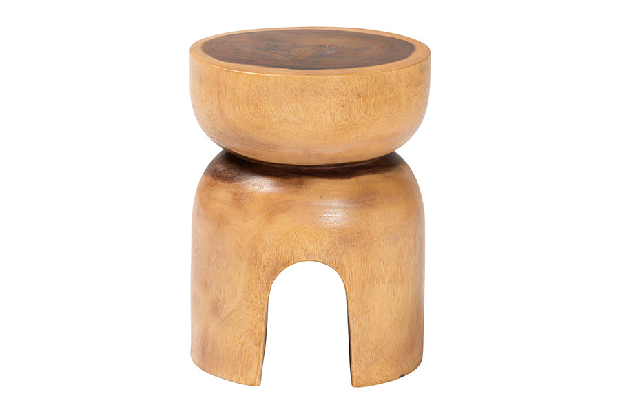 bali & pari Abrina Solid Suar Wood Side Table - Hand-Carved Sculptural End Table with Arched Base, Modern Boho Style for Living Room or Bedroom