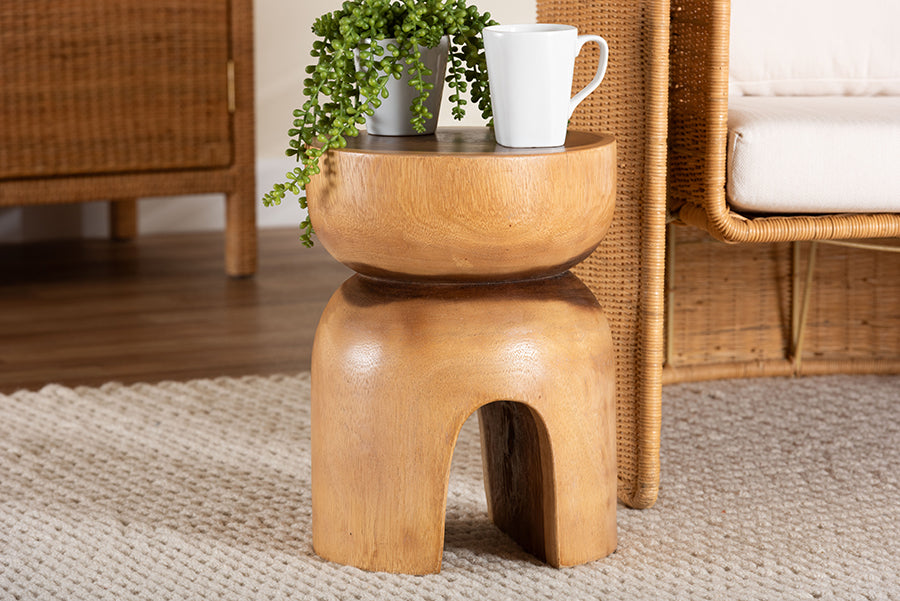 bali & pari Abrina Solid Suar Wood Side Table - Hand-Carved Sculptural End Table with Arched Base, Modern Boho Style for Living Room or Bedroom