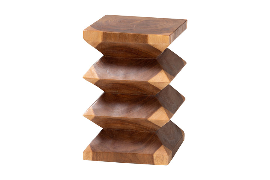 bali & pari Malati Solid Suar Wood Side Table - Hand-Carved Sculptural End Table with Zigzag Design, Modern Boho Style for Living Room or Bedroom
