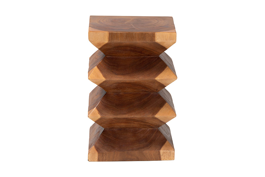 bali & pari Malati Solid Suar Wood Side Table - Hand-Carved Sculptural End Table with Zigzag Design, Modern Boho Style for Living Room or Bedroom