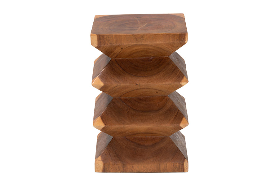 bali & pari Malati Solid Suar Wood Side Table - Hand-Carved Sculptural End Table with Zigzag Design, Modern Boho Style for Living Room or Bedroom