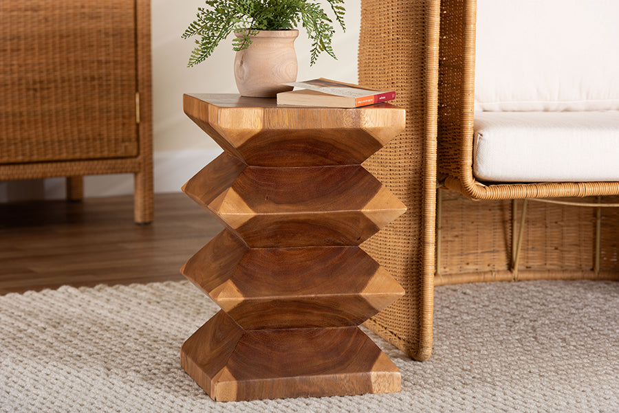bali & pari Malati Solid Suar Wood Side Table - Hand-Carved Sculptural End Table with Zigzag Design, Modern Boho Style for Living Room or Bedroom