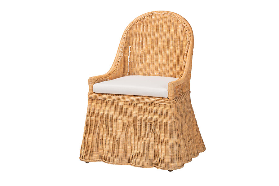 bali & pari Maya Natural Rattan Accent Chair - Hand Woven Wicker Dining Chair with Scalloped Skirt and Cushion, Coastal Boho Style Seating for Dining or Living Room, Light Honey