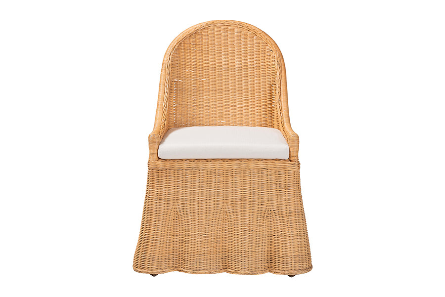 bali & pari Maya Natural Rattan Accent Chair - Hand Woven Wicker Dining Chair with Scalloped Skirt and Cushion, Coastal Boho Style Seating for Dining or Living Room, Light Honey