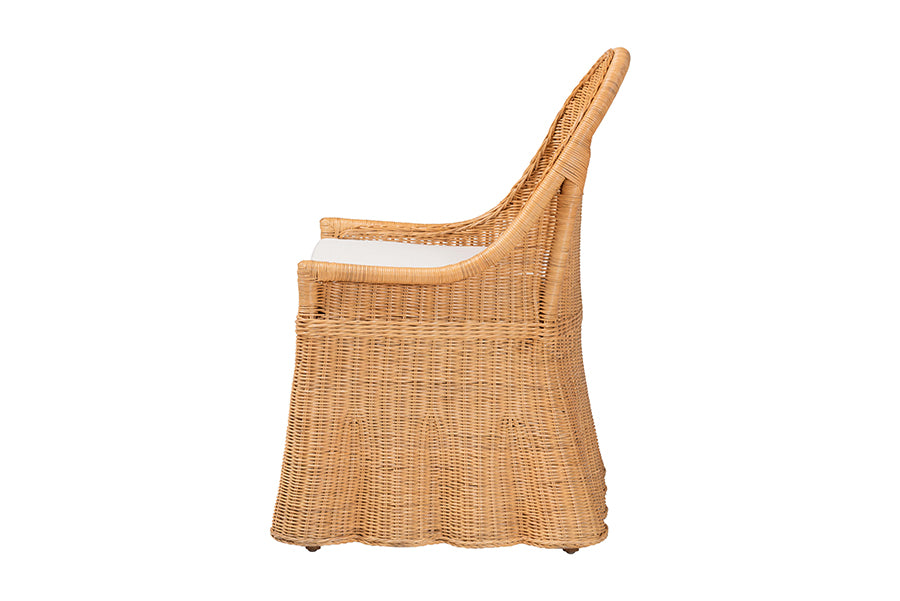 bali & pari Maya Natural Rattan Accent Chair - Hand Woven Wicker Dining Chair with Scalloped Skirt and Cushion, Coastal Boho Style Seating for Dining or Living Room, Light Honey