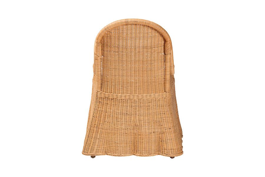 bali & pari Maya Natural Rattan Accent Chair - Hand Woven Wicker Dining Chair with Scalloped Skirt and Cushion, Coastal Boho Style Seating for Dining or Living Room, Light Honey