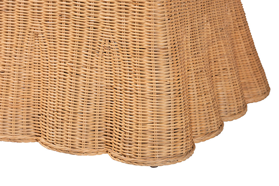 bali & pari Maya Natural Rattan Accent Chair - Hand Woven Wicker Dining Chair with Scalloped Skirt and Cushion, Coastal Boho Style Seating for Dining or Living Room, Light Honey