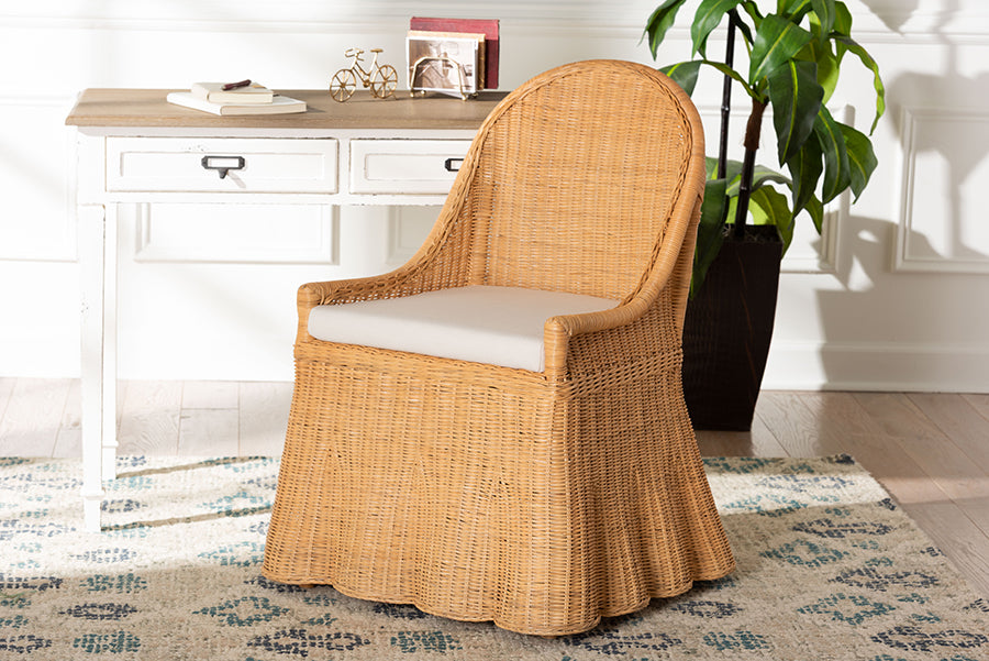 bali & pari Maya Natural Rattan Accent Chair - Hand Woven Wicker Dining Chair with Scalloped Skirt and Cushion, Coastal Boho Style Seating for Dining or Living Room, Light Honey