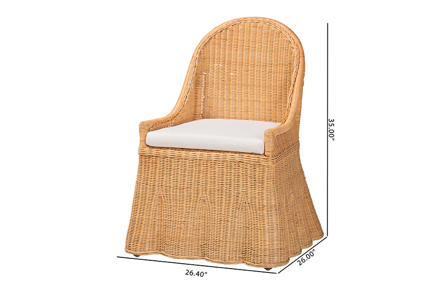 bali & pari Maya Natural Rattan Accent Chair - Hand Woven Wicker Dining Chair with Scalloped Skirt and Cushion, Coastal Boho Style Seating for Dining or Living Room, Light Honey
