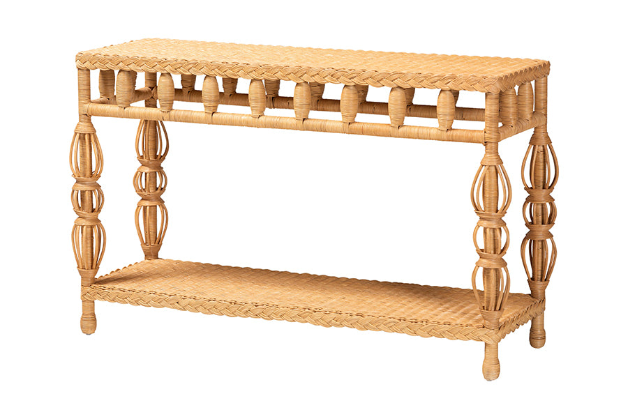 bali & pari Dolby Natural Rattan Console Table - Handwoven Wicker Accent Table with Openwork Design and Lower Shelf, Coastal Boho Style for Entryway or Living Room