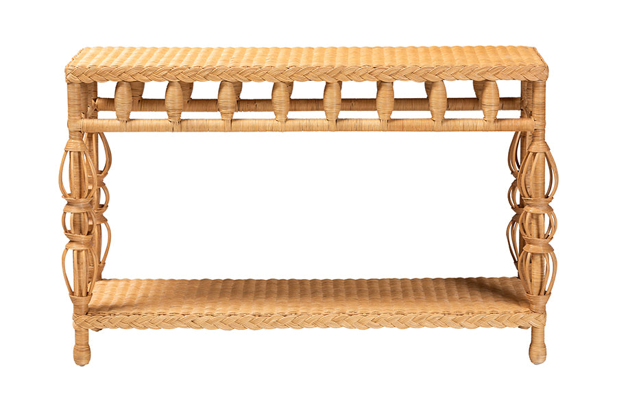 bali & pari Dolby Natural Rattan Console Table - Handwoven Wicker Accent Table with Openwork Design and Lower Shelf, Coastal Boho Style for Entryway or Living Room