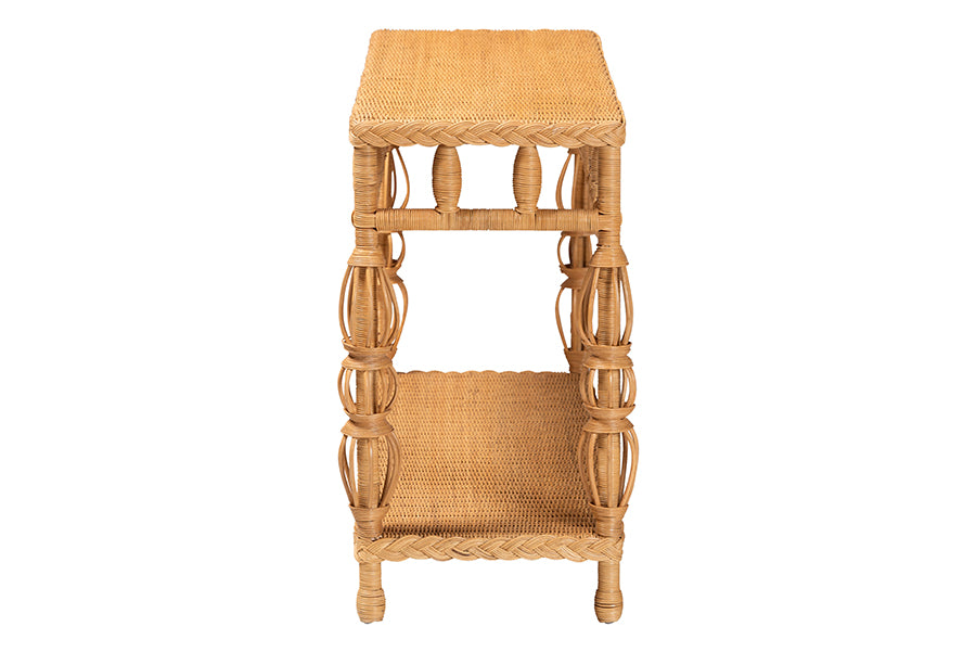 bali & pari Dolby Natural Rattan Console Table - Handwoven Wicker Accent Table with Openwork Design and Lower Shelf, Coastal Boho Style for Entryway or Living Room