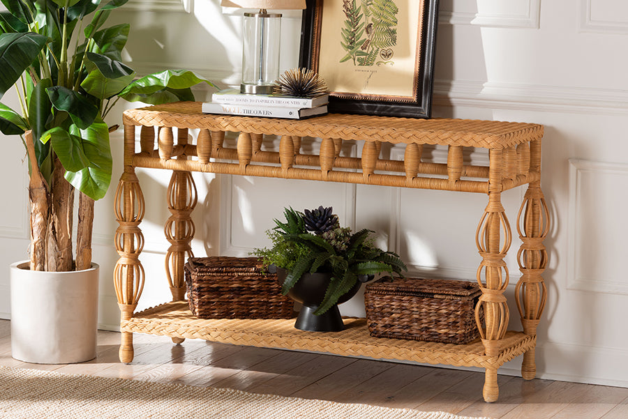 bali & pari Dolby Natural Rattan Console Table - Handwoven Wicker Accent Table with Openwork Design and Lower Shelf, Coastal Boho Style for Entryway or Living Room
