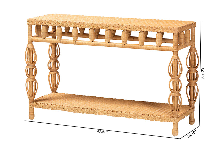 bali & pari Dolby Natural Rattan Console Table - Handwoven Wicker Accent Table with Openwork Design and Lower Shelf, Coastal Boho Style for Entryway or Living Room