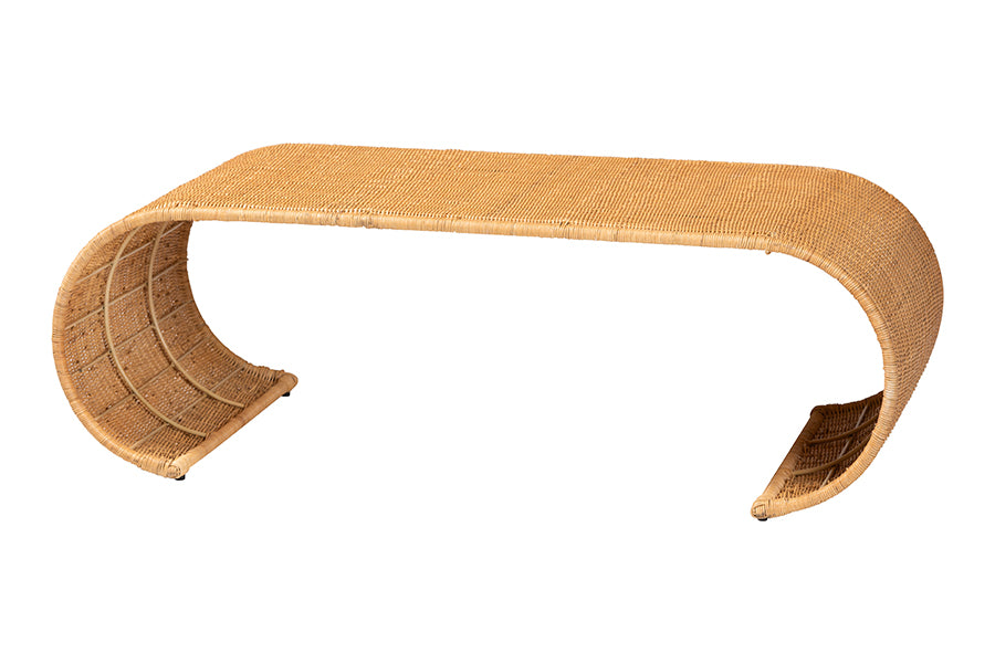 bali & pari Palm Waterfall Natural Rattan Coffee Table - Handwoven Wicker Centerpiece with Curved Silhouette for Boho, Coastal, or Tropical Living Room and Lounge Area