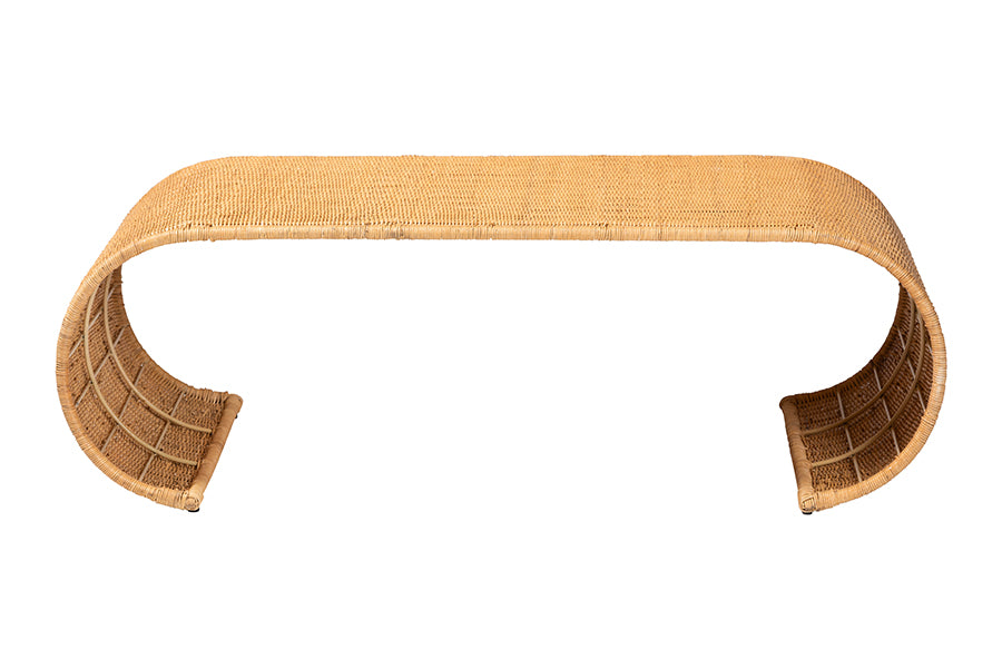 bali & pari Palm Waterfall Natural Rattan Coffee Table - Handwoven Wicker Centerpiece with Curved Silhouette for Boho, Coastal, or Tropical Living Room and Lounge Area