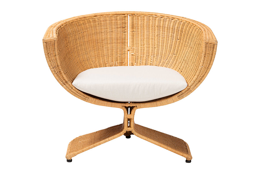 bali & pari Reya Natural Rattan Lounge Chair - Handwoven Wicker Accent Seating with Pedestal Base for Modern Boho, Coastal, or Tropical Living Room Spaces