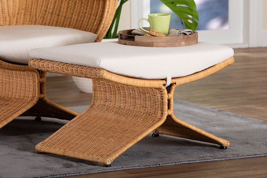 bali & pari Reya Natural Rattan Footstool - Sculptural Handwoven Ottoman with Pedestal Base for Boho, Coastal, or Tropical Lounge and Living Spaces