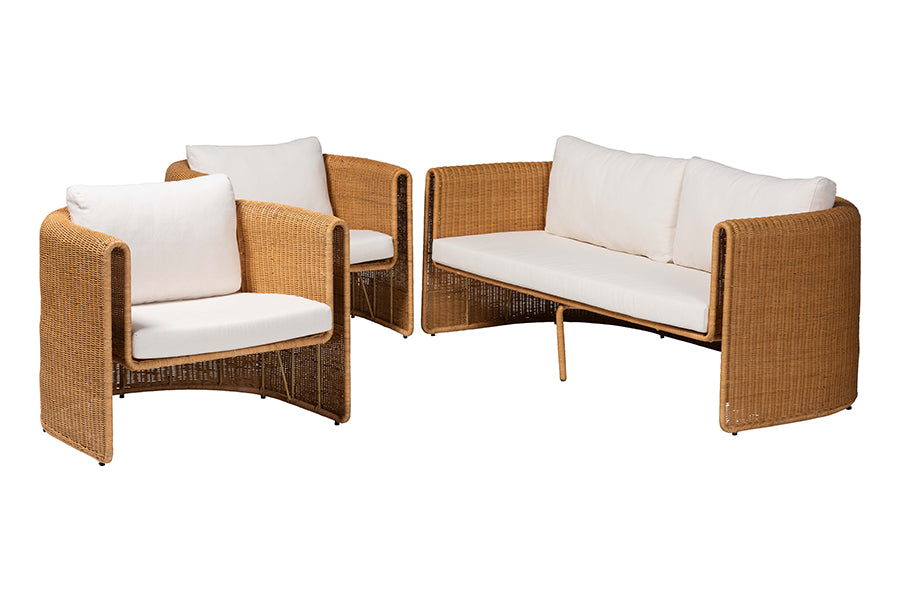 bali & pari Carina Natural Rattan 3-Piece Living Room Set - Lounge Sofa and Armchairs with Handwoven U-Shaped Design for Boho, Coastal, or Tropical Interiors