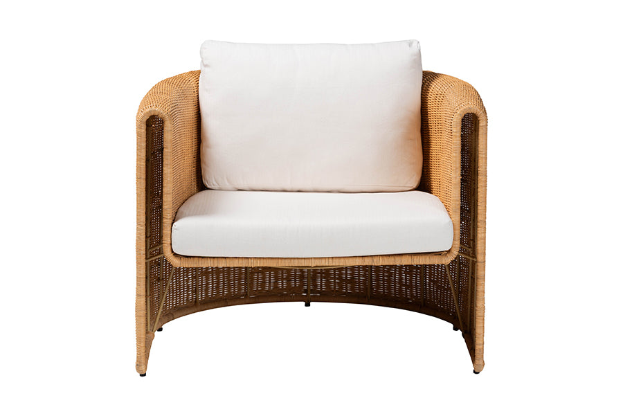 bali & pari Carina Natural Rattan Armchair with Cushion - Handwoven Lounge Chair with U-Shaped Silhouette and Deep Seating for Boho, Coastal, or Tropical Living Spaces