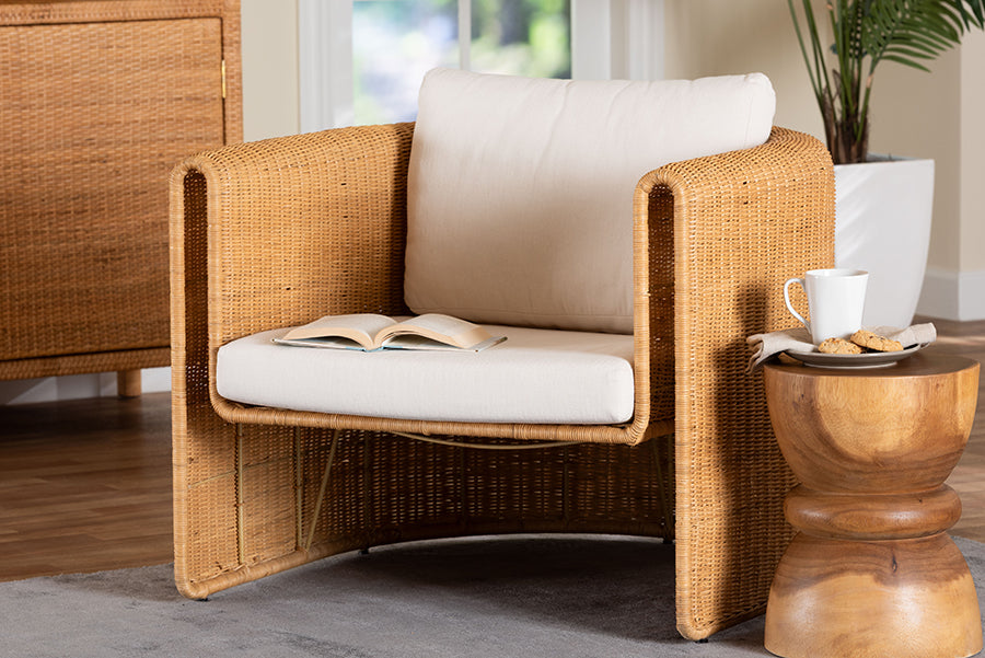 bali & pari Carina Natural Rattan Armchair with Cushion - Handwoven Lounge Chair with U-Shaped Silhouette and Deep Seating for Boho, Coastal, or Tropical Living Spaces