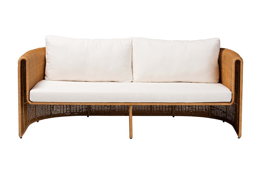 bali & pari Carina Natural Rattan Sofa with Cushion - Handwoven 3-Seater Couch with U-Shaped Sculptural Frame and Deep Seating for Boho, Coastal, or Tropical Living Spaces
