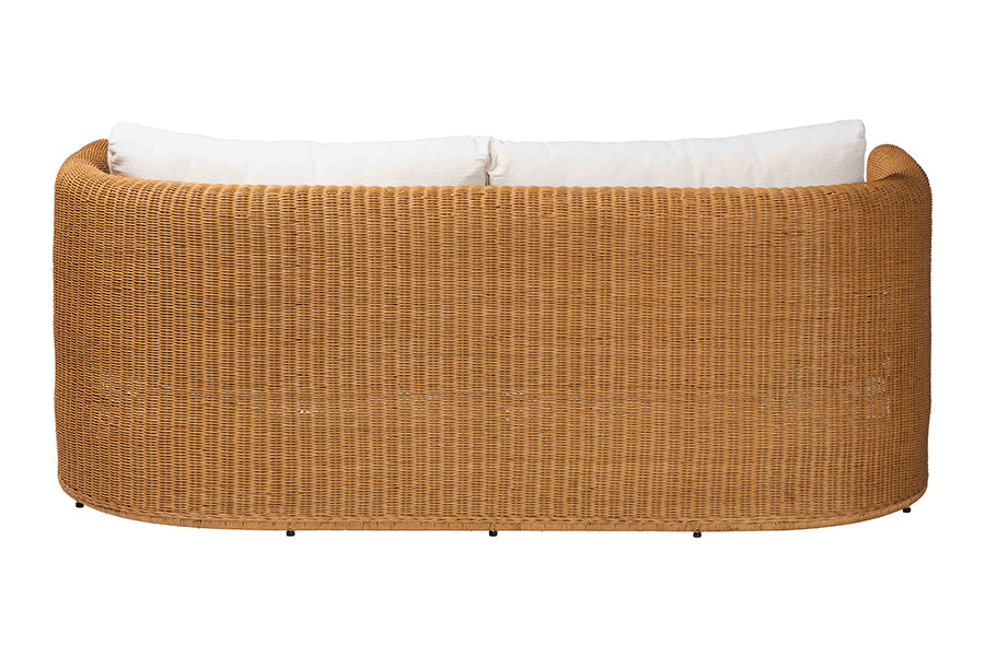 bali & pari Carina Natural Rattan Sofa with Cushion - Handwoven 3-Seater Couch with U-Shaped Sculptural Frame and Deep Seating for Boho, Coastal, or Tropical Living Spaces
