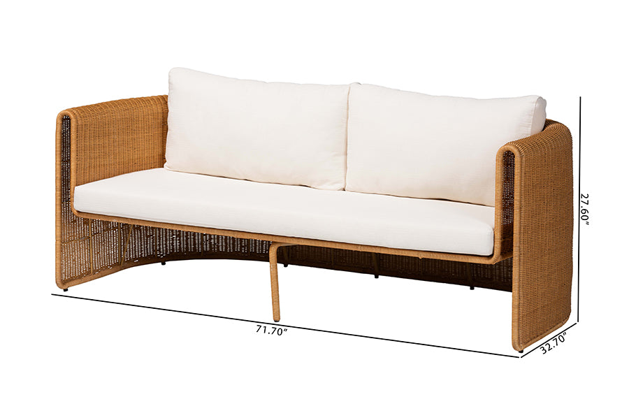 bali & pari Carina Natural Rattan Sofa with Cushion - Handwoven 3-Seater Couch with U-Shaped Sculptural Frame and Deep Seating for Boho, Coastal, or Tropical Living Spaces