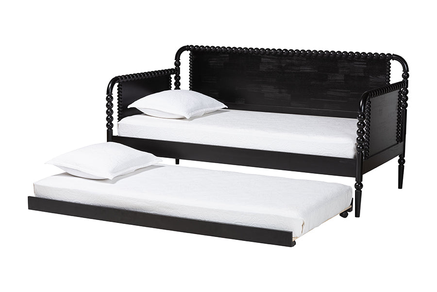 Baxton Studio Lucera Bobbin Daybed with Rolling Trundle - Wooden Bed Frame with Turned Spindle Detailing, Classic Style Sofa Bed for Bedroom or Guest Room, Twin, Black