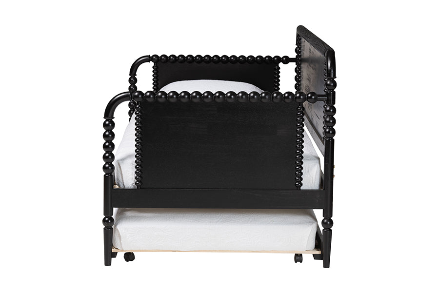 Baxton Studio Lucera Bobbin Daybed with Rolling Trundle - Wooden Bed Frame with Turned Spindle Detailing, Classic Style Sofa Bed for Bedroom or Guest Room, Twin, Black