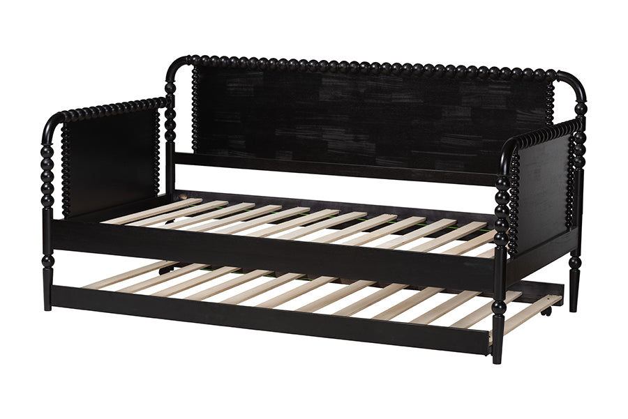 Baxton Studio Lucera Bobbin Daybed with Rolling Trundle - Wooden Bed Frame with Turned Spindle Detailing, Classic Style Sofa Bed for Bedroom or Guest Room, Twin, Black