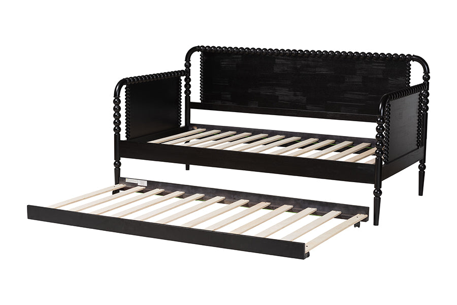 Baxton Studio Lucera Bobbin Daybed with Rolling Trundle - Wooden Bed Frame with Turned Spindle Detailing, Classic Style Sofa Bed for Bedroom or Guest Room, Twin, Black