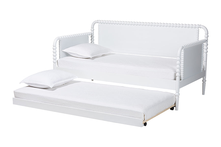 Baxton Studio Lucera Bobbin Daybed with Rolling Trundle - Wooden Bed Frame with Turned Spindle Detailing, Classic Style Sofa Bed for Bedroom or Guest Room, Twin, White