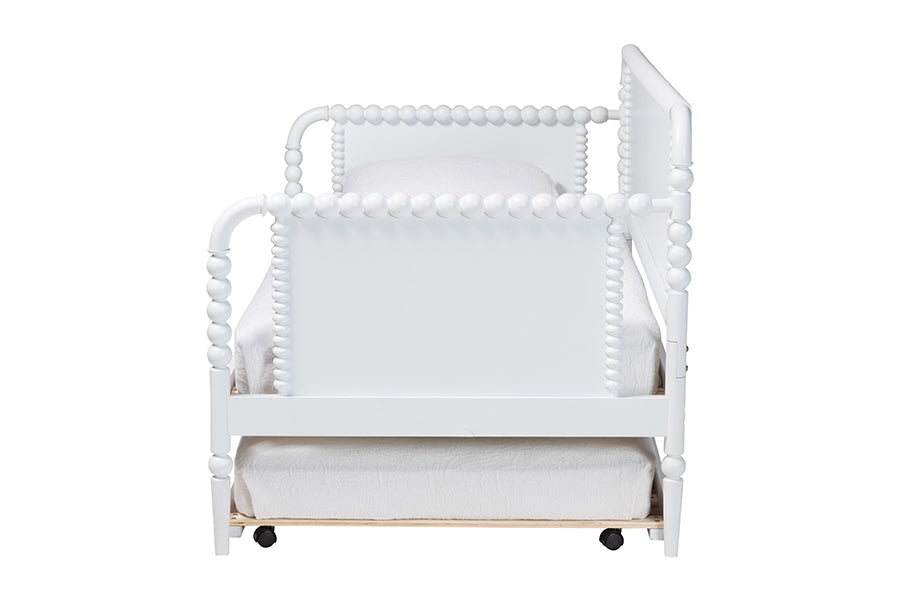 Baxton Studio Lucera Bobbin Daybed with Rolling Trundle - Wooden Bed Frame with Turned Spindle Detailing, Classic Style Sofa Bed for Bedroom or Guest Room, Twin, White