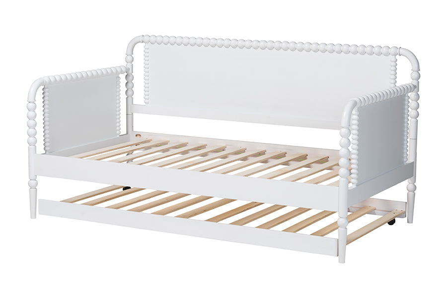 Baxton Studio Lucera Bobbin Daybed with Rolling Trundle - Wooden Bed Frame with Turned Spindle Detailing, Classic Style Sofa Bed for Bedroom or Guest Room, Twin, White