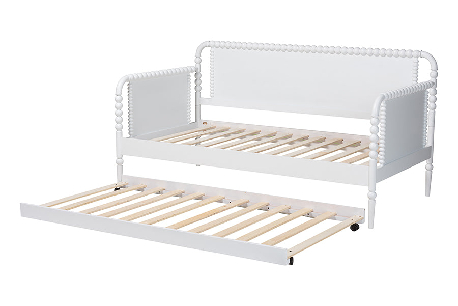 Baxton Studio Lucera Bobbin Daybed with Rolling Trundle - Wooden Bed Frame with Turned Spindle Detailing, Classic Style Sofa Bed for Bedroom or Guest Room, Twin, White