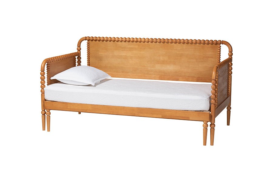 Baxton Studio Lucera Bobbin Twin-To-King Expandable Daybed - Wood Bed Frame with Turned Spindle Detailing, Classic Style Sofa Bed for Bedroom or Guest Room, Oak Brown