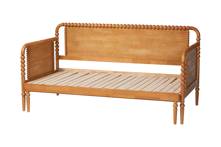 Baxton Studio Lucera Bobbin Twin-To-King Expandable Daybed - Wood Bed Frame with Turned Spindle Detailing, Classic Style Sofa Bed for Bedroom or Guest Room, Oak Brown