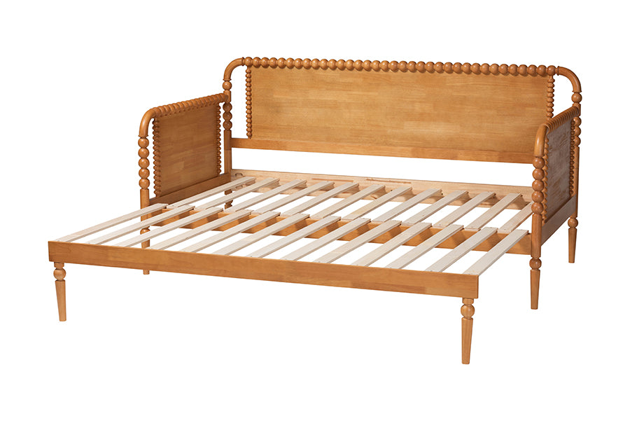 Baxton Studio Lucera Bobbin Twin-To-King Expandable Daybed - Wood Bed Frame with Turned Spindle Detailing, Classic Style Sofa Bed for Bedroom or Guest Room, Oak Brown