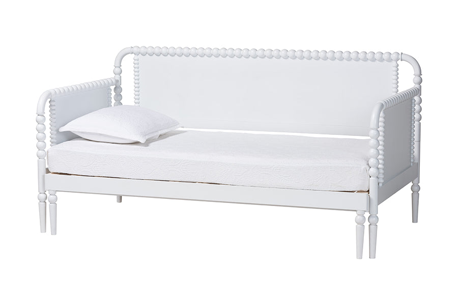 Baxton Studio Lucera Bobbin Twin-To-King Expandable Daybed - Wood Bed Frame with Turned Spindle Detailing, Classic Style Sofa Bed for Bedroom or Guest Room, White