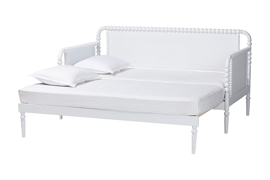 Baxton Studio Lucera Bobbin Twin-To-King Expandable Daybed - Wood Bed Frame with Turned Spindle Detailing, Classic Style Sofa Bed for Bedroom or Guest Room, White