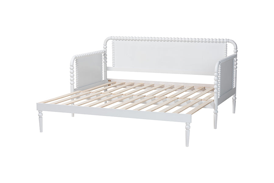 Baxton Studio Lucera Bobbin Twin-To-King Expandable Daybed - Wood Bed Frame with Turned Spindle Detailing, Classic Style Sofa Bed for Bedroom or Guest Room, White
