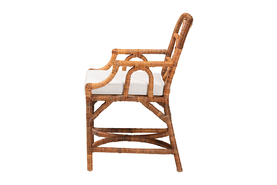 Bali & Pari Alondra Natural Rattan Arm Dining Chair – Handwoven Wicker with Cushion, Coastal Boho Kitchen or Dining Seating