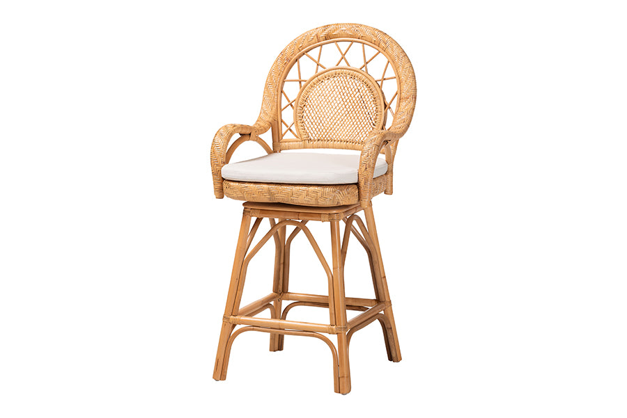 bali & pari Adam Natural Rattan Counter Stool with Cushion - Handwoven Wicker Swivel Bar Chair for Kitchen Island or Lounge Area